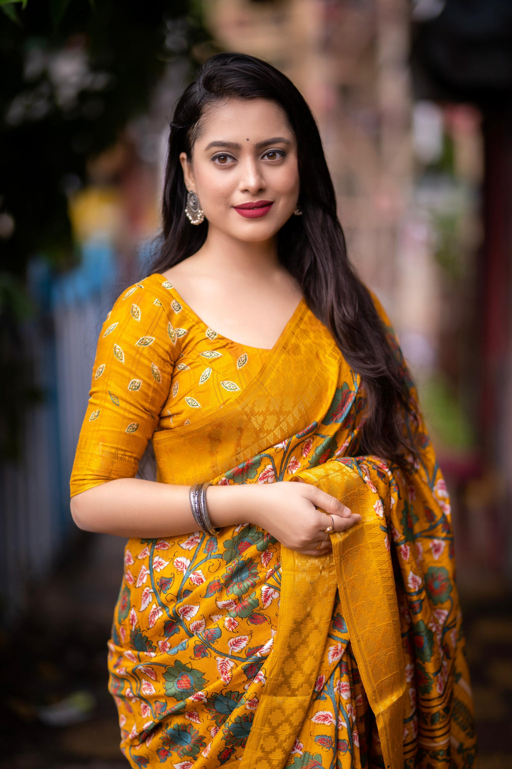 Mustard Slub Silk Printed Saree with Unstitched Blouse - Hiral Fashion | Grocsy