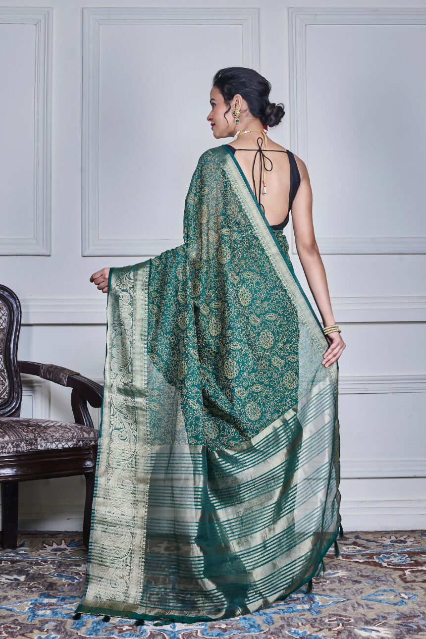 Morchari Green Script Printed Orzanga Saree Unstitched Blouse | Grocsy