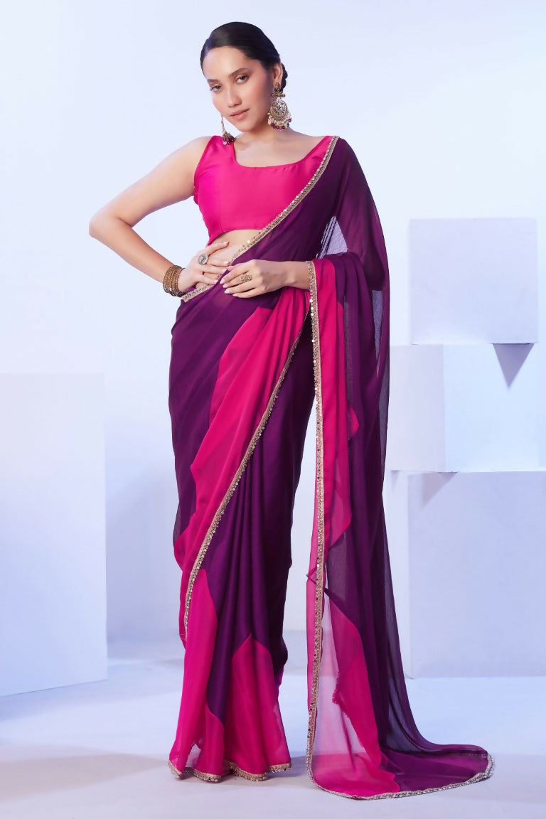 Purple Satin Moss Solid Designer & Lace Work Saree - Samaa | Grocsy