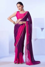 Purple Satin Moss Solid Designer & Lace Work Saree - Samaa | Grocsy