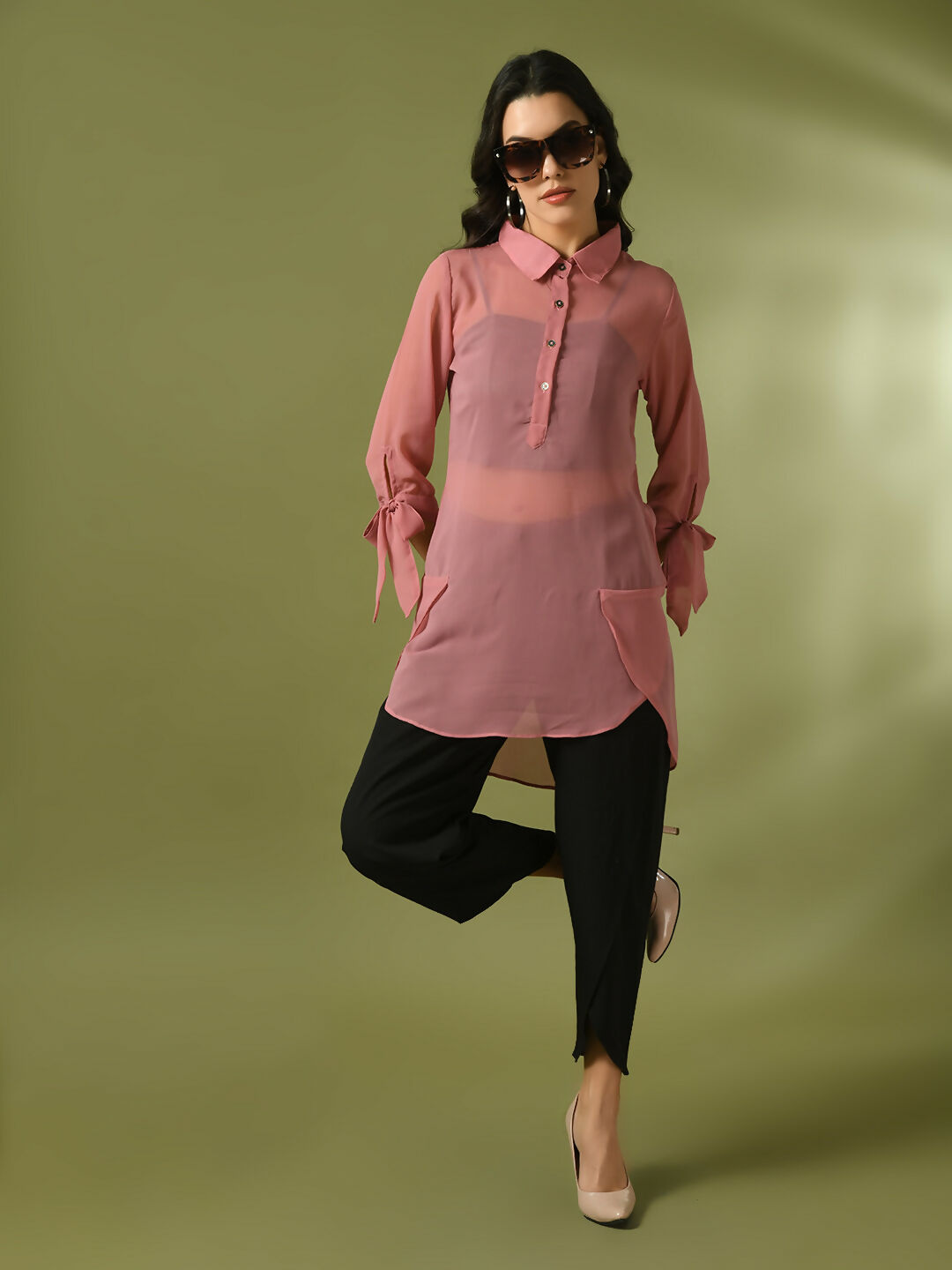 Myshka Women's Pink Solid Georgette Longline Party Sheer Tunic | Grocsy