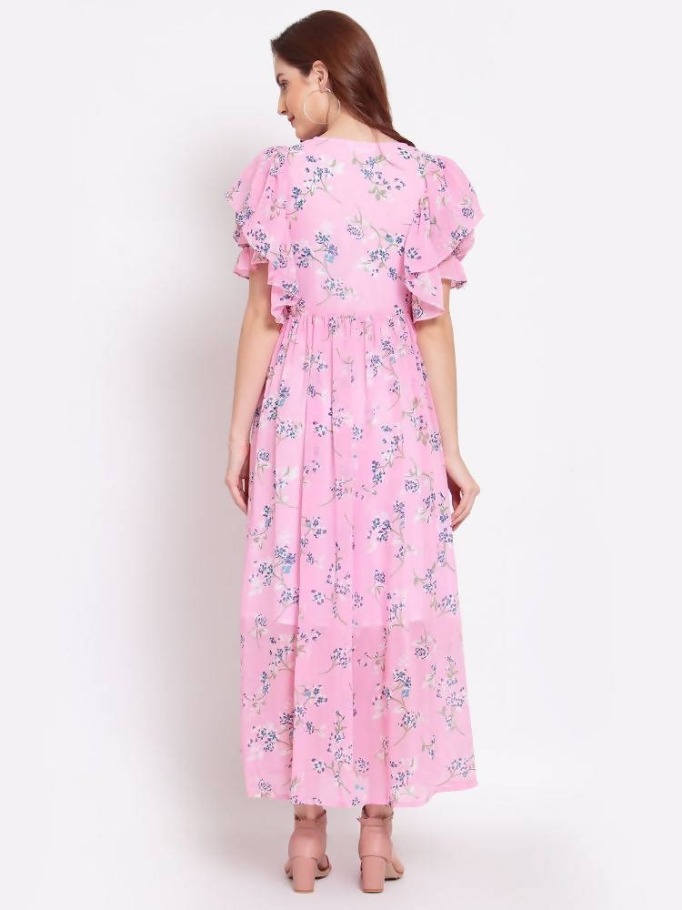 Myshka Women's Pink Printed Georgette Half Sleeve Round Neck Casual Dress | Grocsy