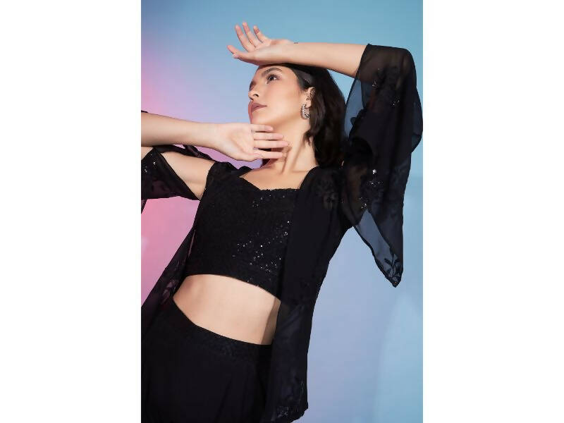 Black Georgette Sequence With Thread Designer Co-Ord Set - Flory | Grocsy