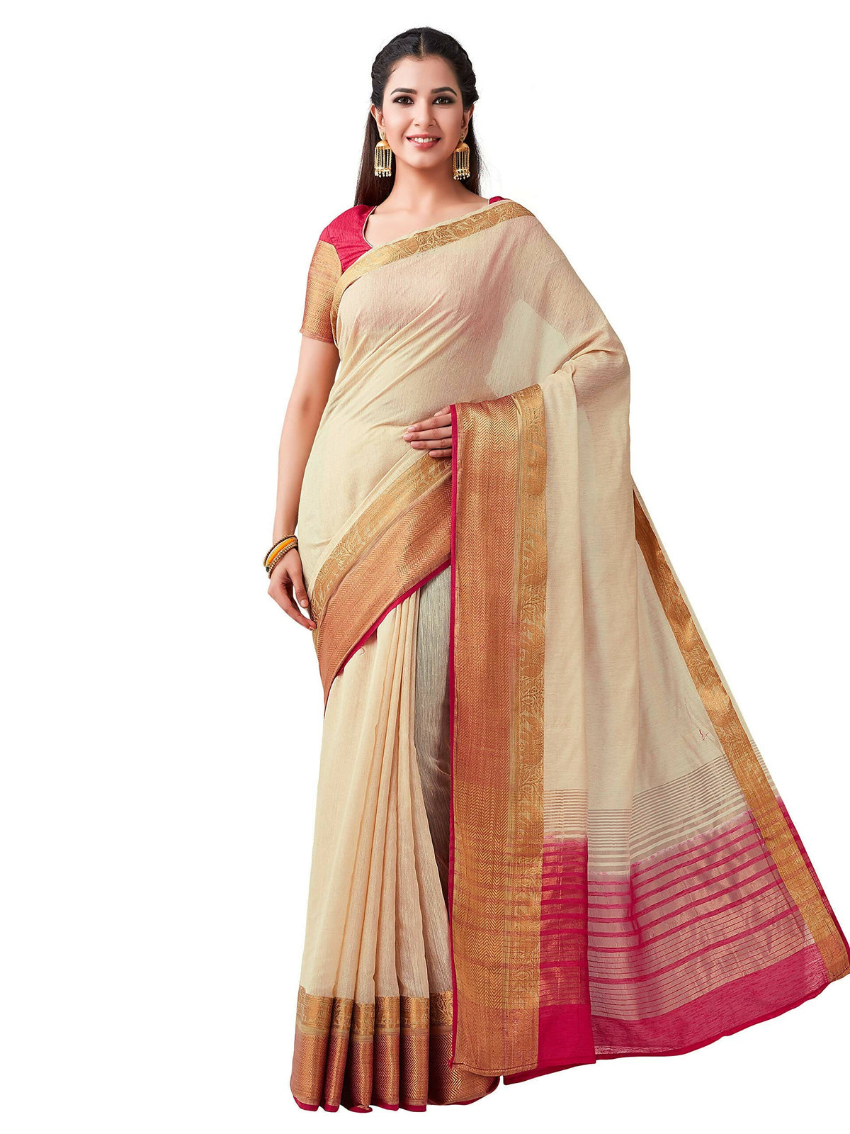 Mimosa Women's Beige Kanchipuram Linen Saree | Grocsy