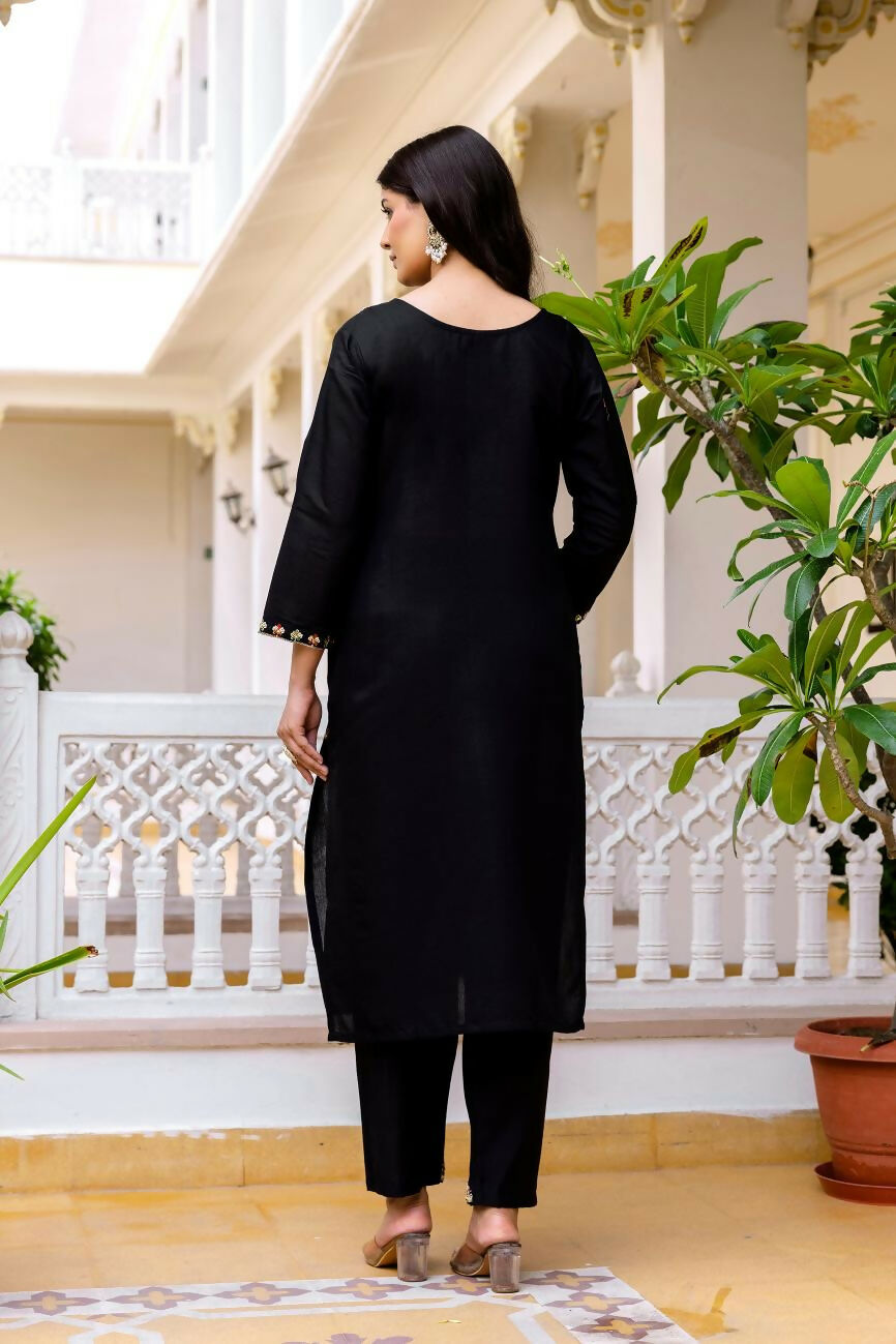 The52 Black Women's Beautiful Viscose Chanderi Fabric Embroidered Work Straight Kurta Pant and Dupatta Set | Grocsy