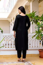 The52 Black Women's Beautiful Viscose Chanderi Fabric Embroidered Work Straight Kurta Pant and Dupatta Set | Grocsy