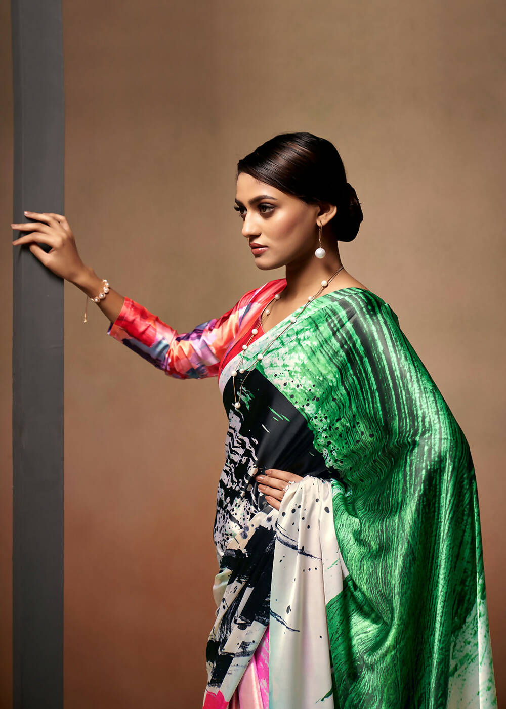 Green Satin Digital Printed Saree with Unstitched Blouse Piece - Jodha | Grocsy