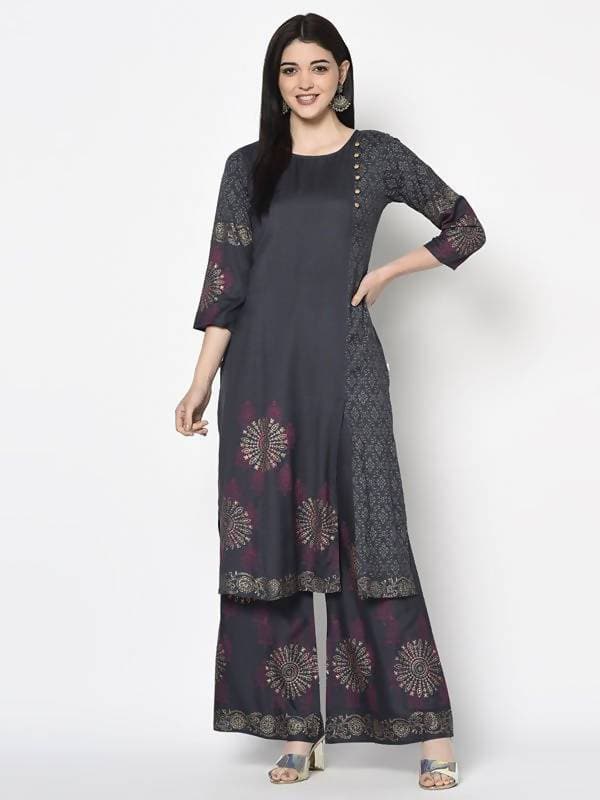 Aniyah Rayon Dark Grey Color Block Print Straight Kurta Palazzo Set (AN-202K) | Grocsy