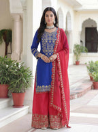 Teeya Creation Blue Chinon Silk Designer Wedding Wear Embroidery Work Palazzo | Grocsy