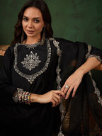 Sangria Black Floral Embroidered Round Neck Zari A-Line Kurta With Trouser & Dupatta | Grocsy
