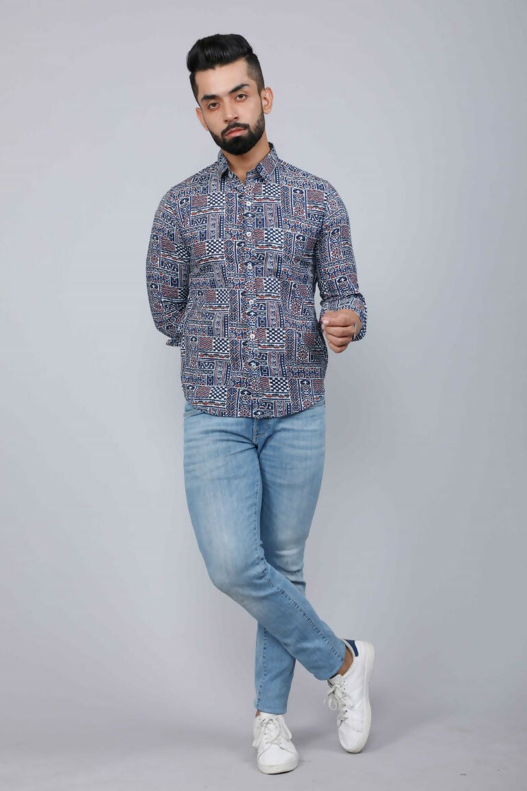 Miravan Men's Blue Floral Print Long Sleeve Casual Shirt | Grocsy
