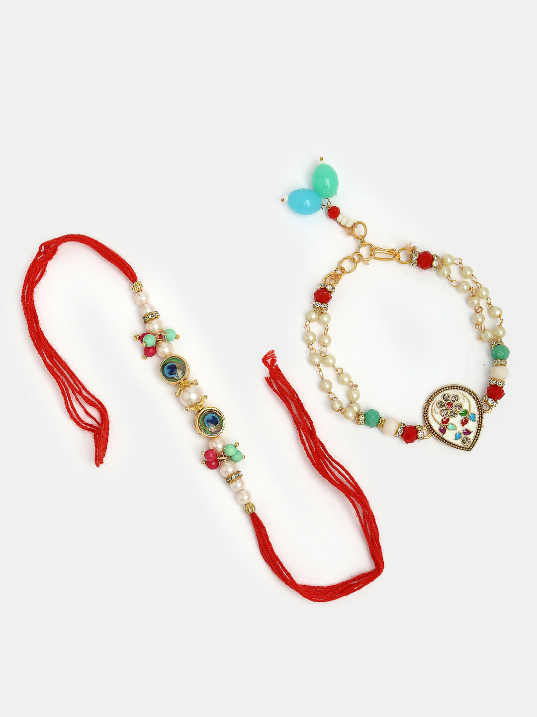 NVR Women & Men Set of 2 Multicolor Artificial Beads Bhaiya Bhabhi Rakhi With Roli Chawal & Chocolate | Grocsy