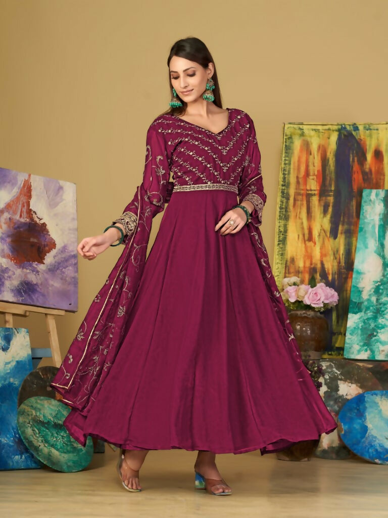 Jyoti Fashion Women's Rani Pink Georgette Embroidered Anarkali Kurta Pant Set With Dupatta | Grocsy