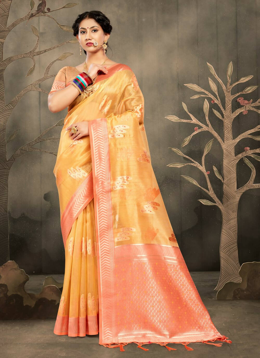 Mustard Cotton Zari Woven Design Saree with Unstitched Blouse Piece - Aachal | Grocsy