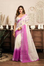 Vastranavya White Lavender Digital Printed Linen Ready To Wear Designer Saree with Unstitched Blouse | Grocsy