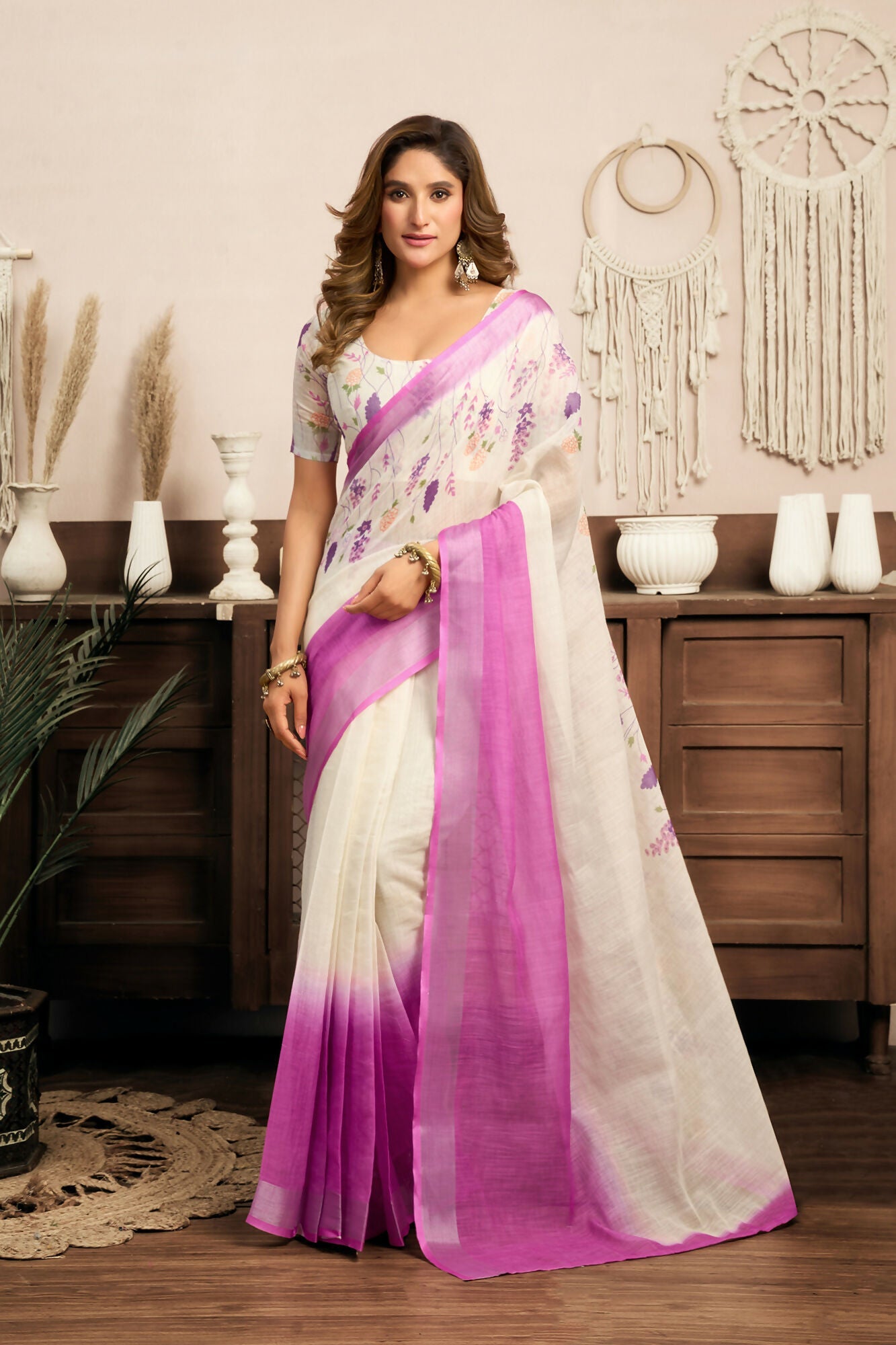 Vastranavya White Lavender Digital Printed Linen Ready To Wear Designer Saree with Unstitched Blouse | Grocsy