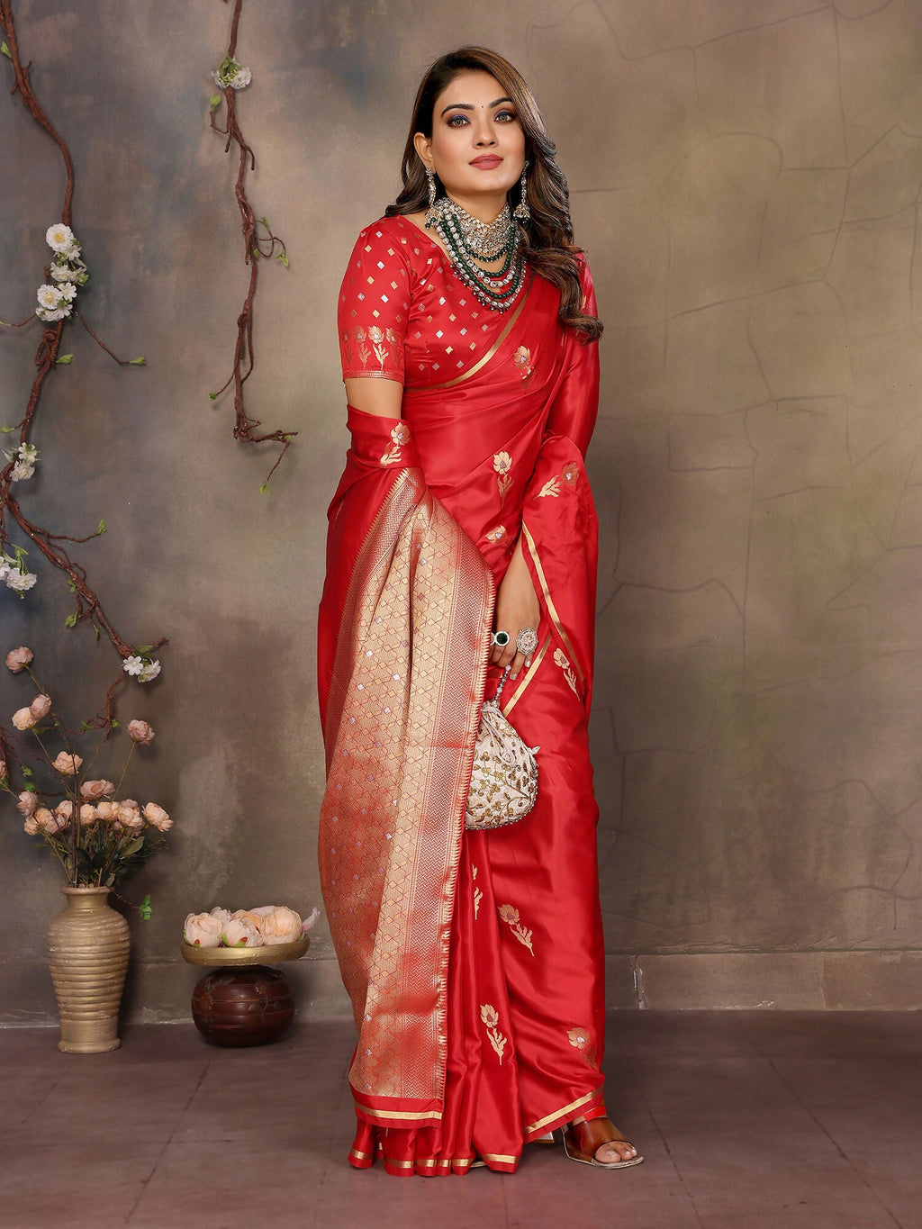 Joban Fashion Red Floral & Botanical Motifs Satin Silk Banarasi Silk Saree | Grocsy