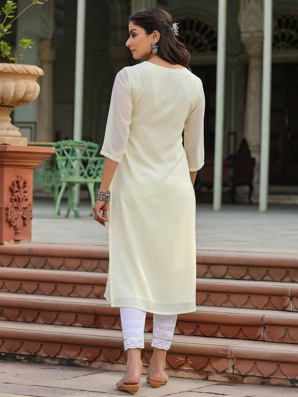 Juniper Women's Lemon Georgette Printed Kurta | Grocsy