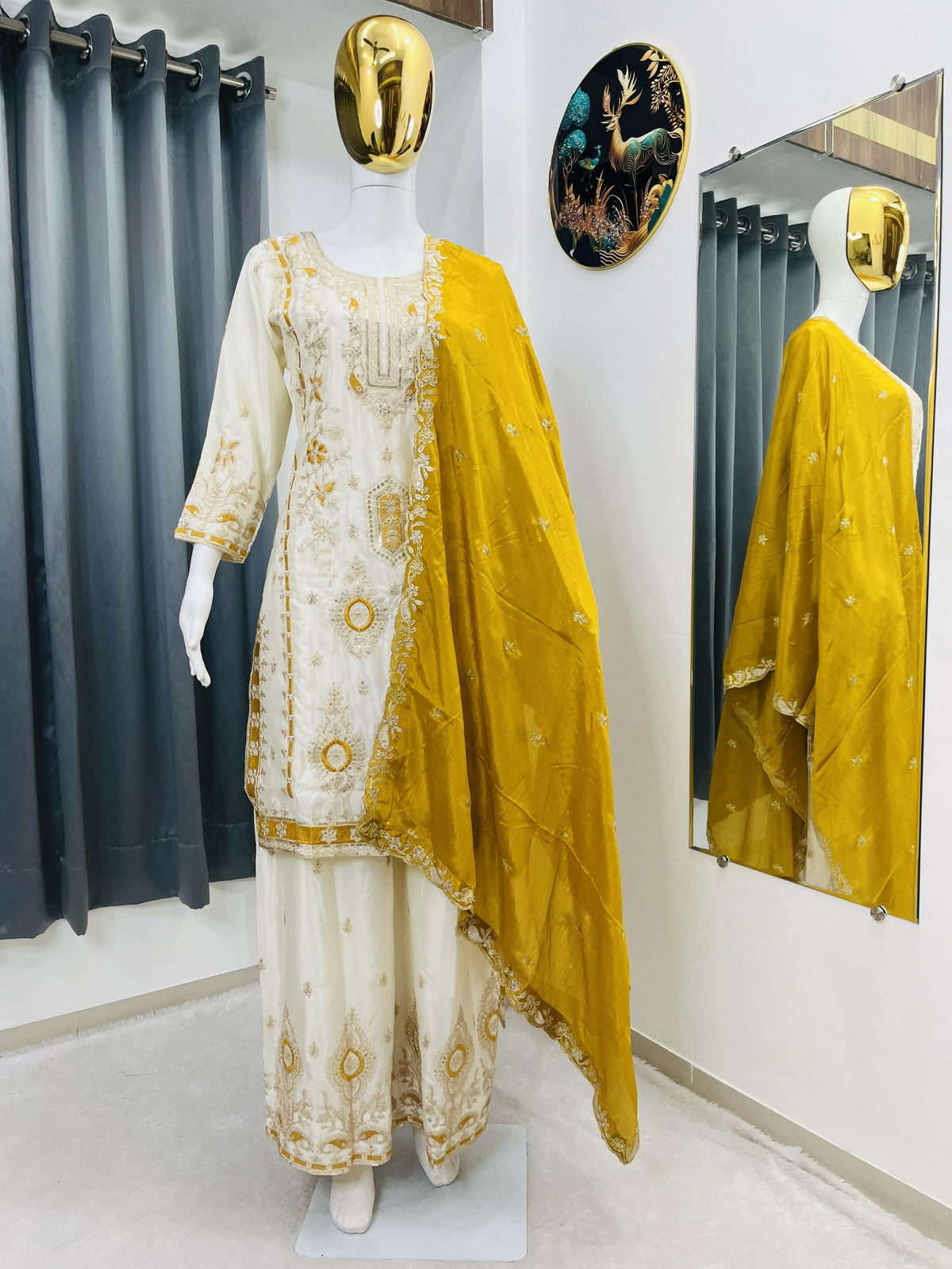 Teeya Creation White Color Chinon Silk Party Wear Trending Palazzo Set | Grocsy