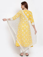 Myshka Women's Yellow Printed Cotton 3/4 Sleeve Round Neck Casual Kurta Pant Dupatta Set | Grocsy