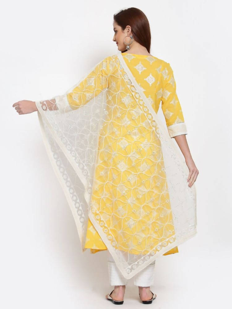 Myshka Women's Yellow Printed Cotton 3/4 Sleeve Round Neck Casual Kurta Pant Dupatta Set | Grocsy