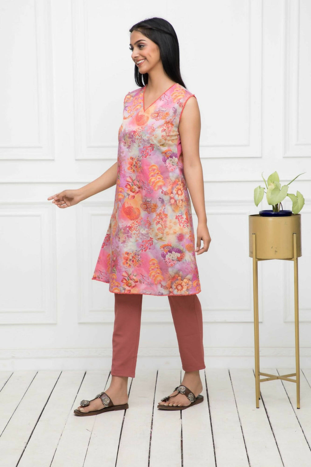 Myshka Women Multi-Floral Rayon A-Line V-Neck Kurtis | Grocsy