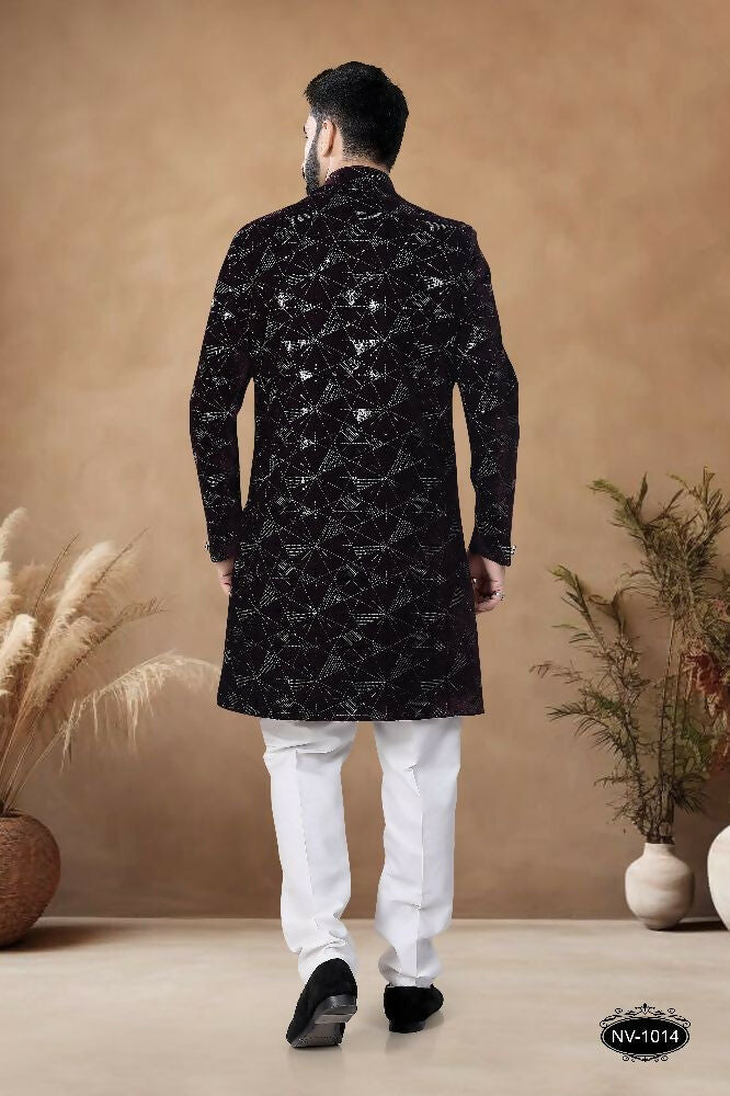 Joban Fashion Men's Wine Straight Velvet Thread & Sequence Embroidery All Over Indo-Western Kurta Set | Grocsy