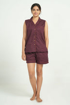 Breathables Women Cotton Night Suit Shirt And Shorts Co-Ord Set Maroon I Nightwear | Loungewear Set | Grocsy