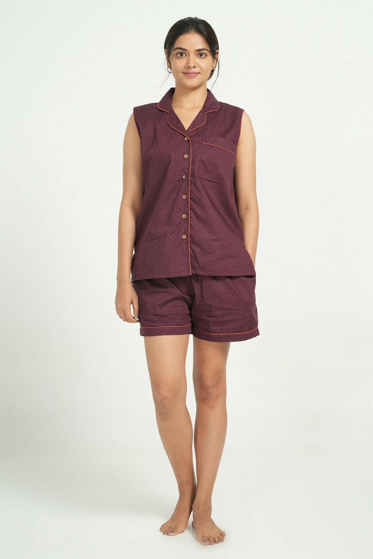 Breathables Women Cotton Night Suit Shirt And Shorts Co-Ord Set Maroon I Nightwear | Loungewear Set | Grocsy