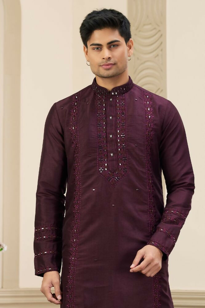 Raivat Ethnic Banarasi Art Silk Thread and Mirror Work Kurta Pajama In Wine Colour | Grocsy