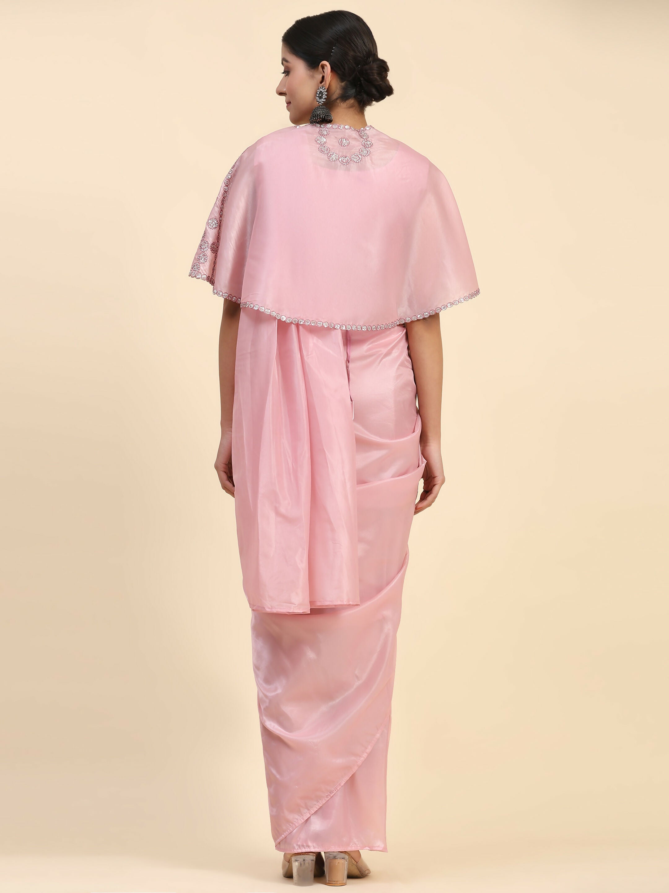 Pink Satin Solid Ready to wear Saree with stitched Blouse - Vanita | Grocsy