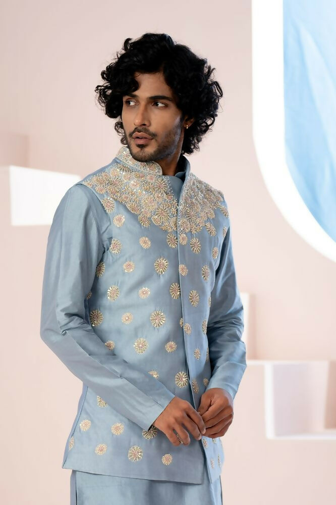A Powder Blue Floral Hand Embroidered Nehru Jacket by Hilo Design | Grocsy