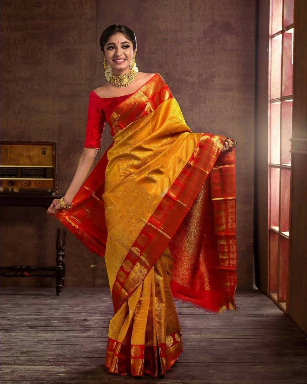 DEIANA'S Beautiful Designer Golden zari Soft Lichi Silk Saree - Yellow | Grocsy