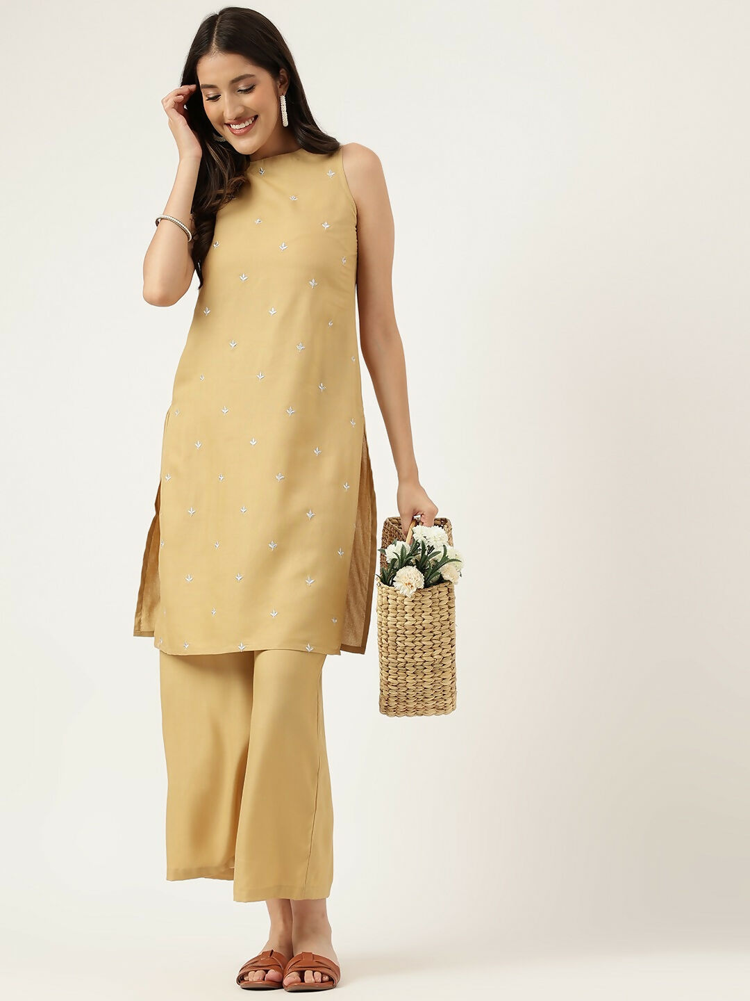 Joban Fashion Beige Rayon and Embroidered Work Straight Kurta Bottom Set | Grocsy