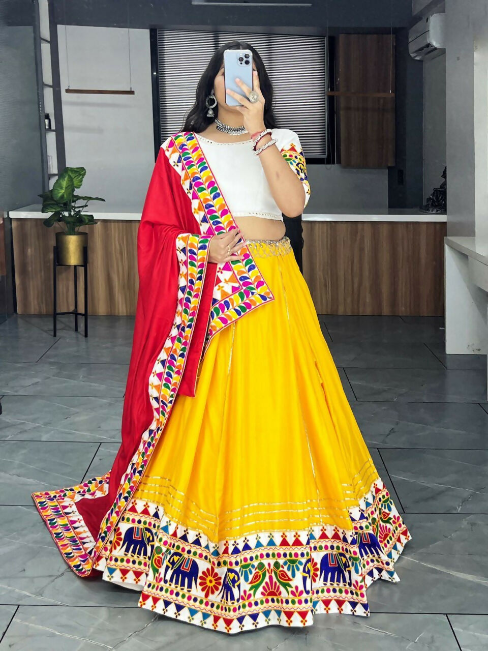 Yash Enterprise Yellow Rayon Cotton Embroidery Semi Stitched Navratri Chaniya Choli | Grocsy
