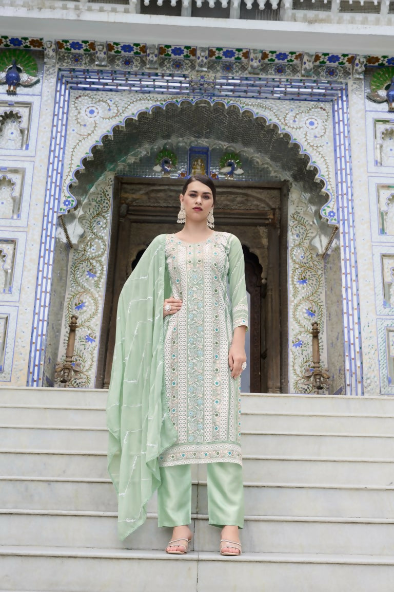 Jyoti Fashion Women's Sea Green Faux Georgette Heavy Embroidery and Moti Work Kurta Set | Grocsy