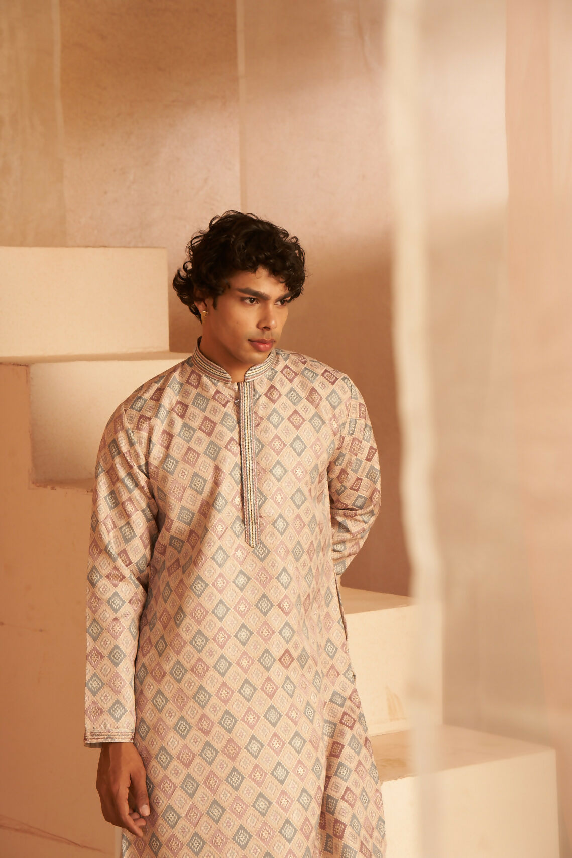 Cream Viscose Wevon Designer Men's Kurta Set - Mahotsav | Grocsy