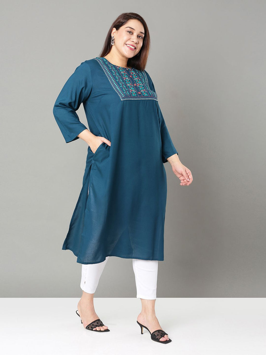 Sztori Plus Size Floral Yoke Design Thread Work Straight Kurta | Grocsy
