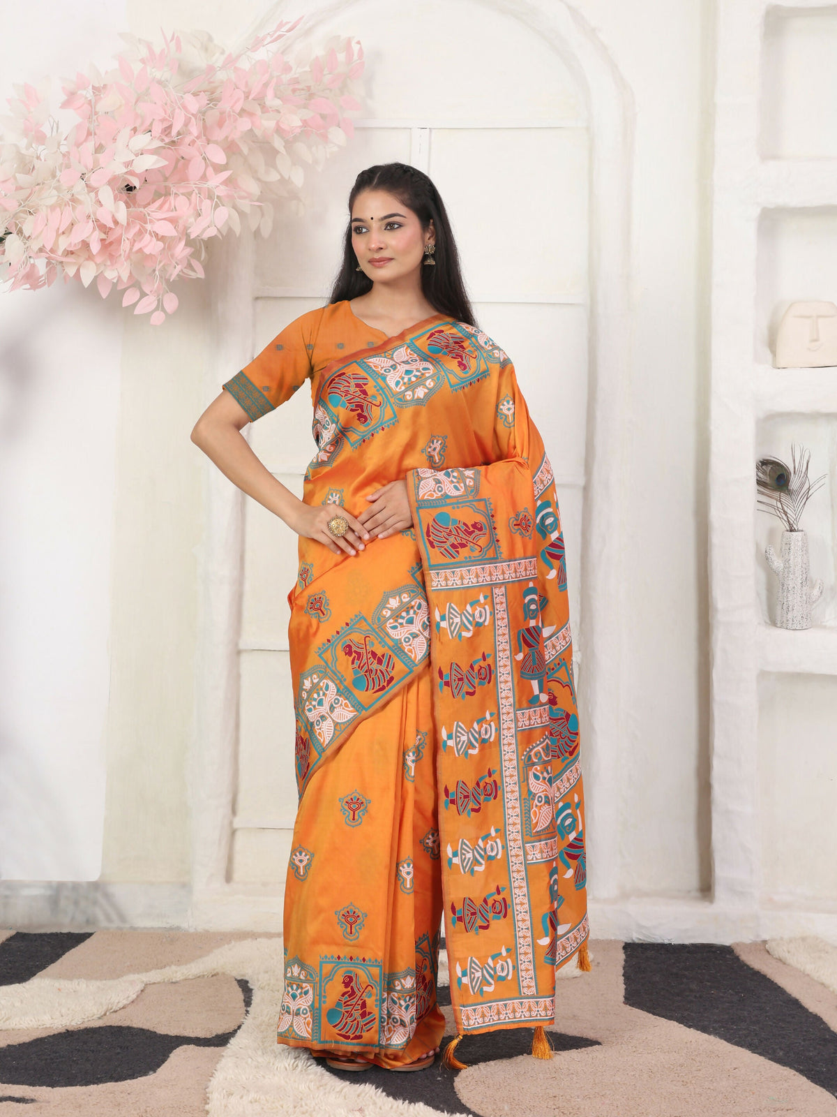 Shree Shyam Fashion Silk Blend Orange Saree | Grocsy
