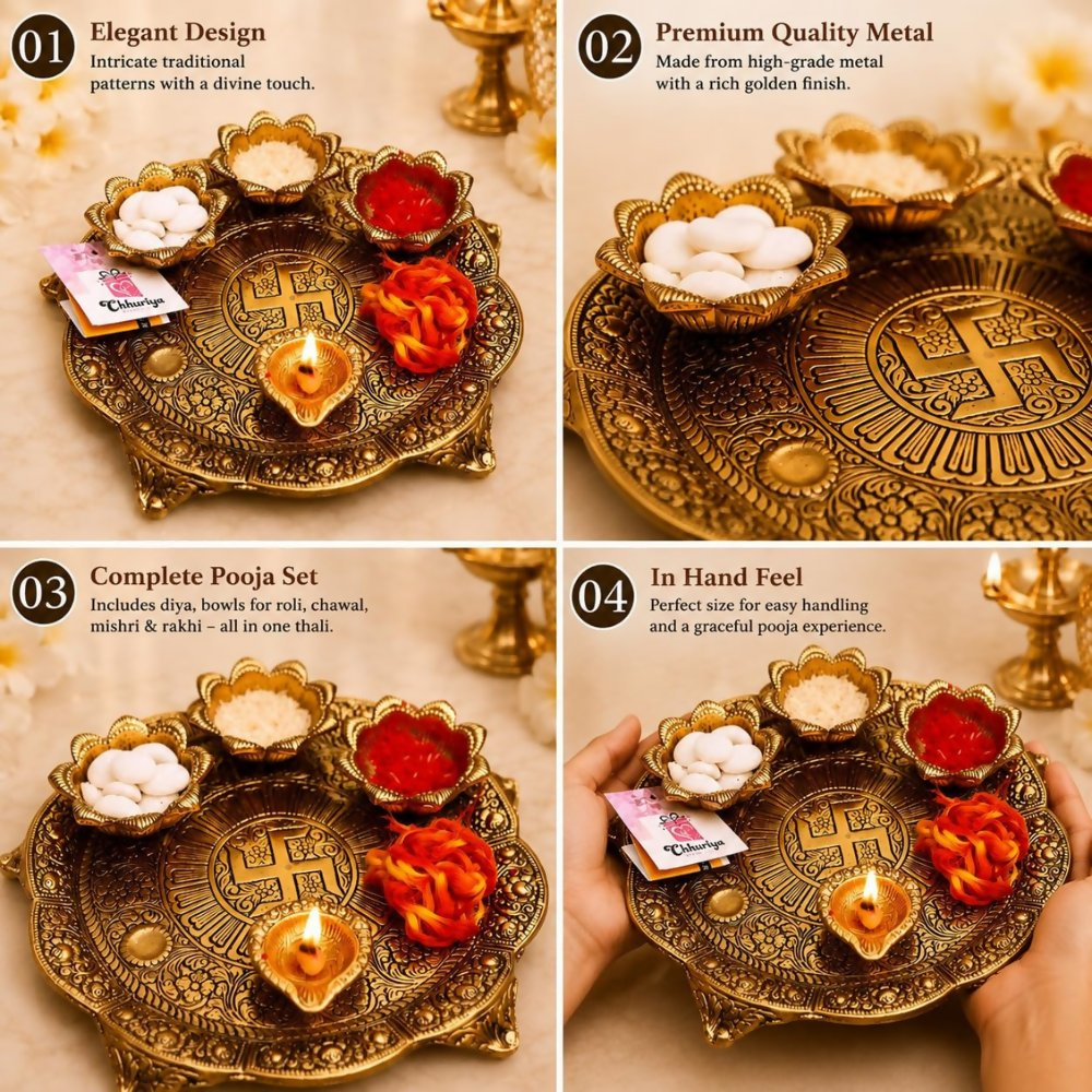 Chhariya Crafts Metal Pooja Thali With Diya | Grocsy