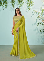 Green Barbarie Chiffon Solid Saree With Unstitched Blouse Piece - Norita Ikshita | Grocsy
