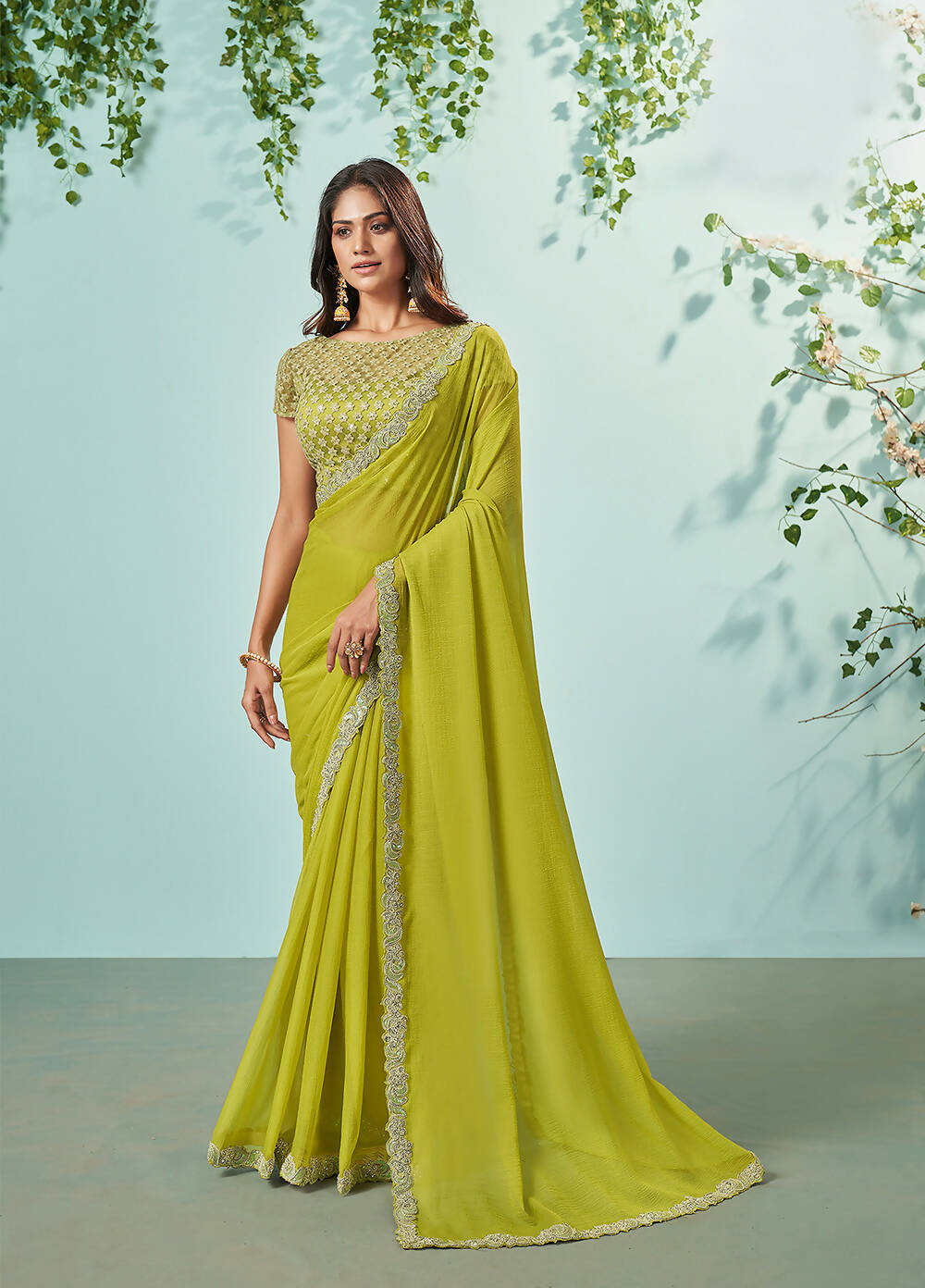 Green Barbarie Chiffon Solid Saree With Unstitched Blouse Piece - Norita Ikshita | Grocsy
