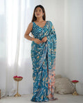 Teal Chinon Designer Digital Printed & Mirror Cut Work Saree - Kriti | Grocsy