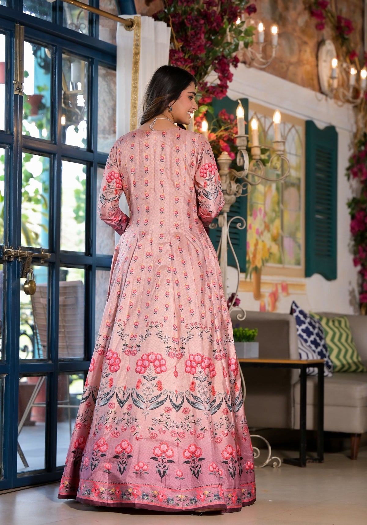 Partywear Designe rPeach Dola Silk Anarkali suit with Dupatta - Samyukta | Grocsy