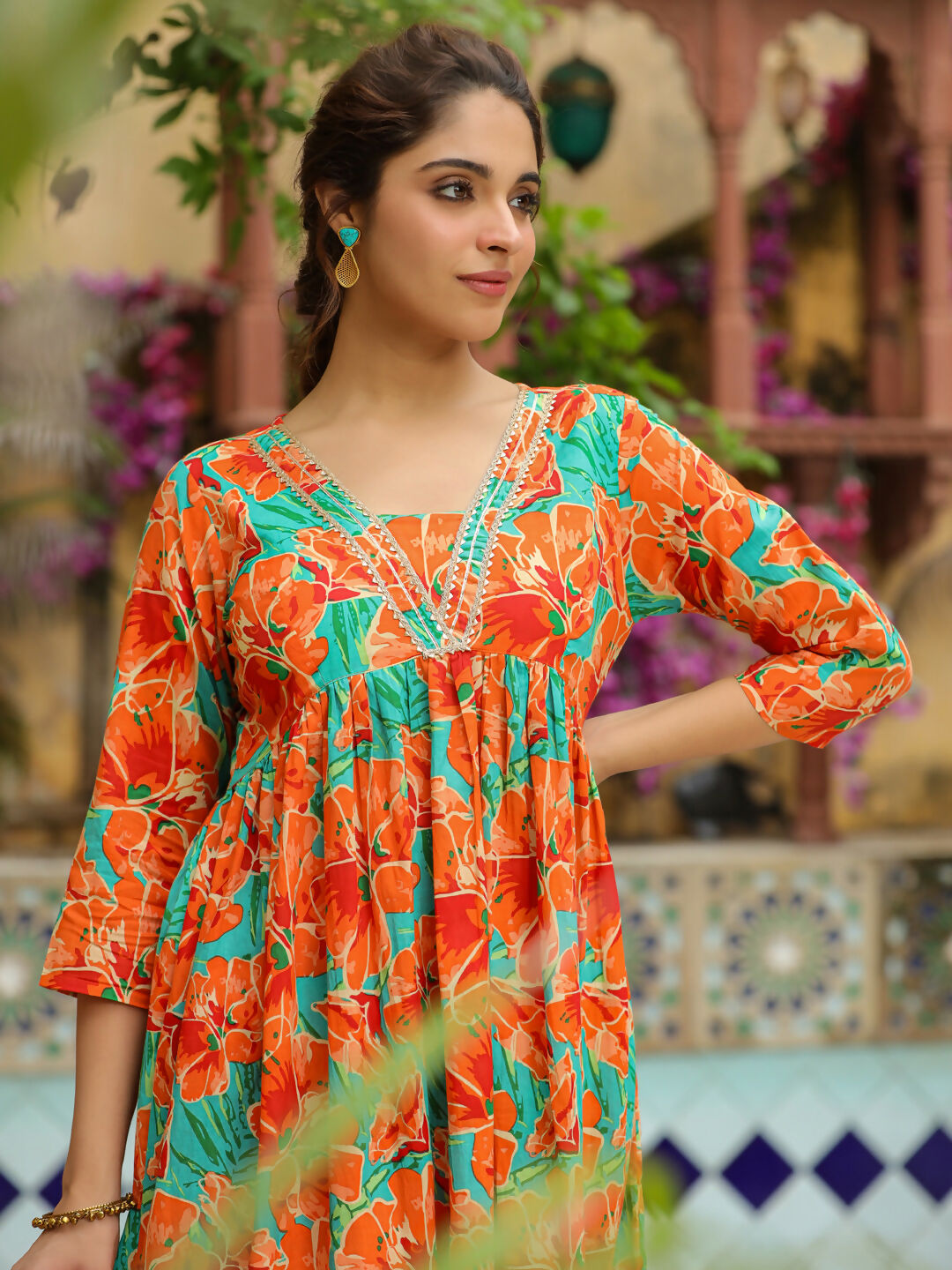 Janasya Orange Cotton Floral Kurta & Bottom | Grocsy