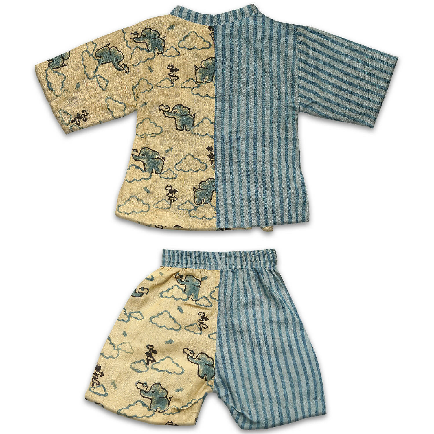 Mhyssa Blue And Beige V Neck Kimono Style Short Sleeve Printed T-shirt With Matching Shorts Set | Grocsy