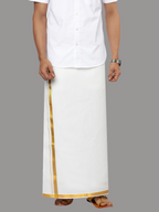 Ramraj Cotton Mens Poly Cotton 3/4 " Gold Jari Dhoti - White | Grocsy
