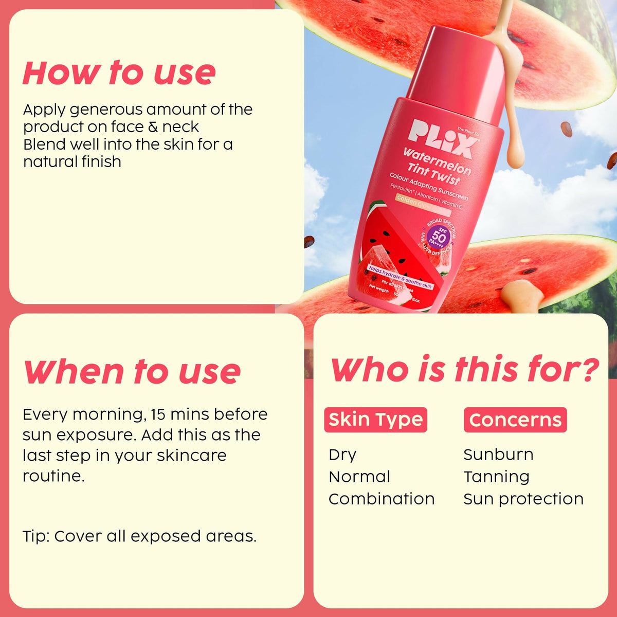 PLIX The Plant Fix Watermelon Tint Twist Color-Adapting Sunscreen For Light Coverage & Instant Glow | Grocsy