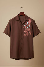 Solvra — Brown Floral Embroidered Cotton Shirt by Hilo Design | Grocsy