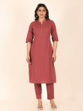 Aramya Pink Linen Cotton Solid Print Straight Kurta Set for Women | Grocsy